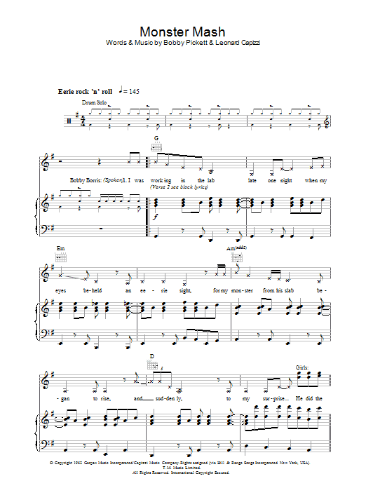 Bobby 'Boris' Pickett Monster Mash Sheet Music Notes & Chords for Piano, Vocal & Guitar - Download or Print PDF