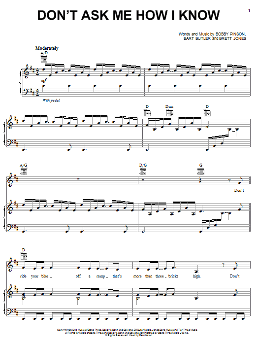 Bobby Pinson Don't Ask Me How I Know Sheet Music Notes & Chords for Piano, Vocal & Guitar (Right-Hand Melody) - Download or Print PDF