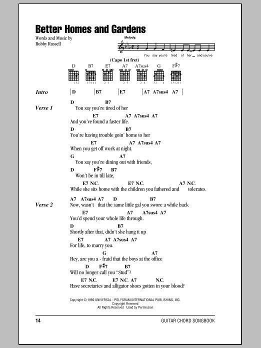Bobby Russell Better Homes And Gardens Sheet Music Notes & Chords for Melody Line, Lyrics & Chords - Download or Print PDF