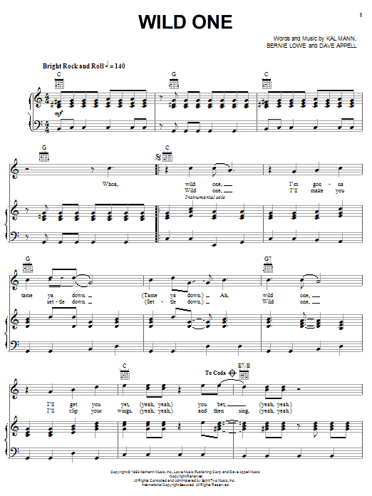 Bobby Rydell Wild One Sheet Music Notes & Chords for Piano, Vocal & Guitar (Right-Hand Melody) - Download or Print PDF Bobby Rydell Wild One Sheet Music Notes & Chords for Piano, Vocal & Guitar (Right-Hand Melody) - Download or Print PDF