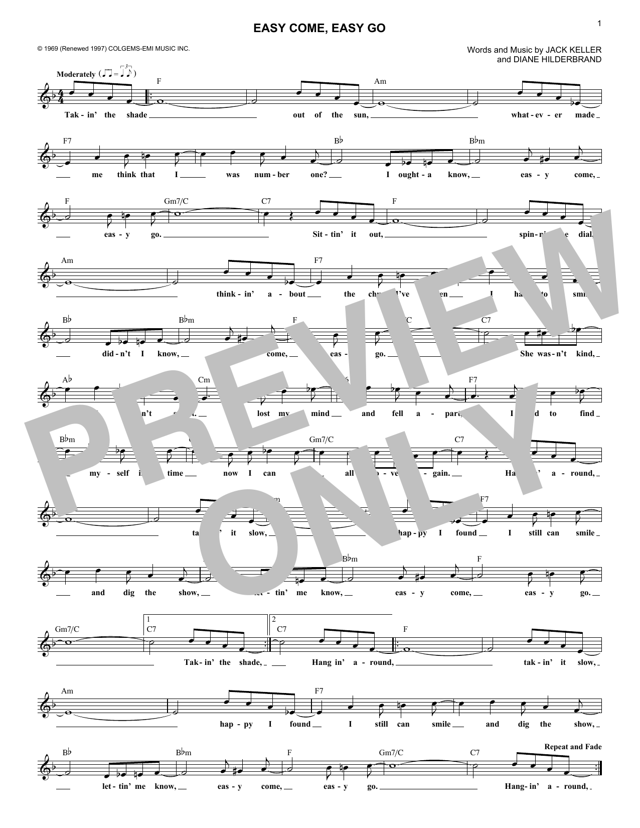Bobby Sherman Easy Come, Easy Go Sheet Music Notes & Chords for Melody Line, Lyrics & Chords - Download or Print PDF