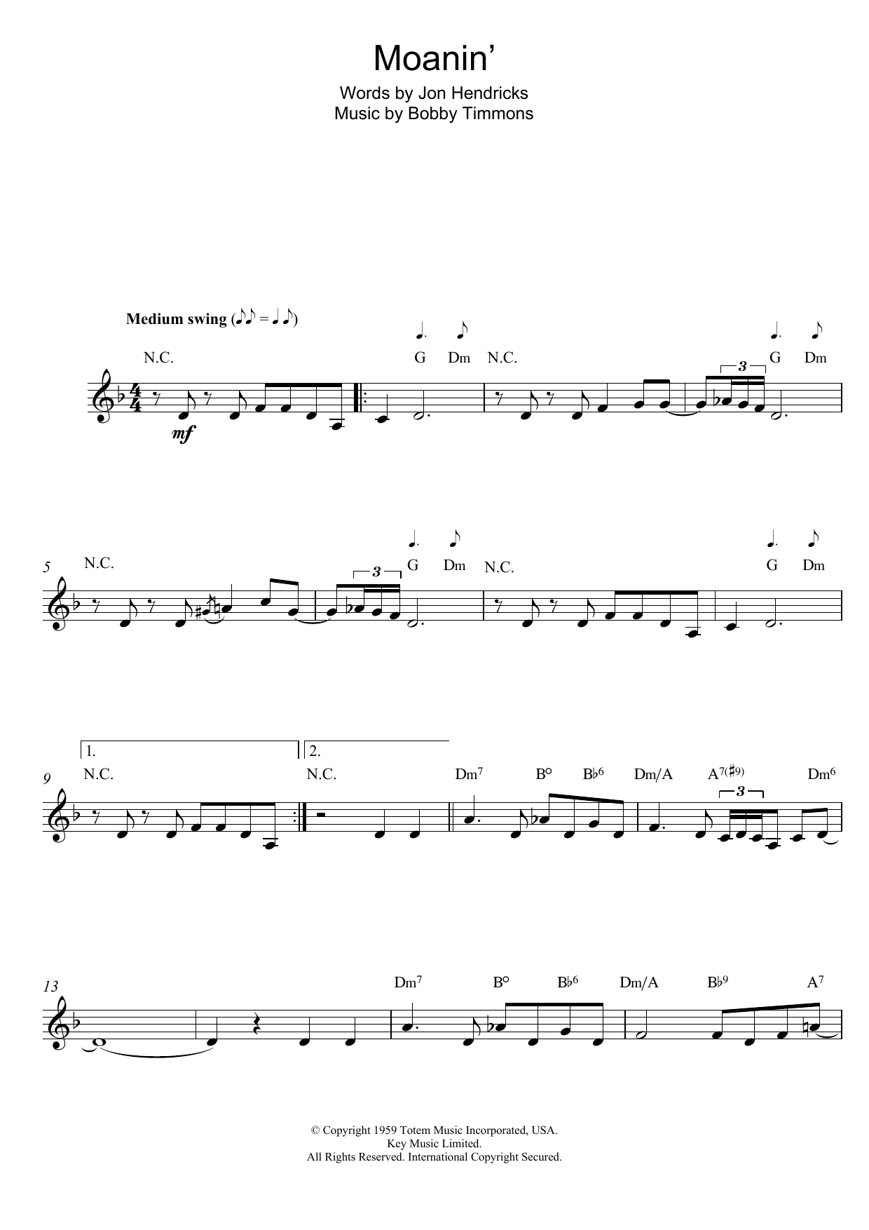 Bobby Timmons Moanin' Sheet Music Notes & Chords for Melody Line, Lyrics & Chords - Download or Print PDF