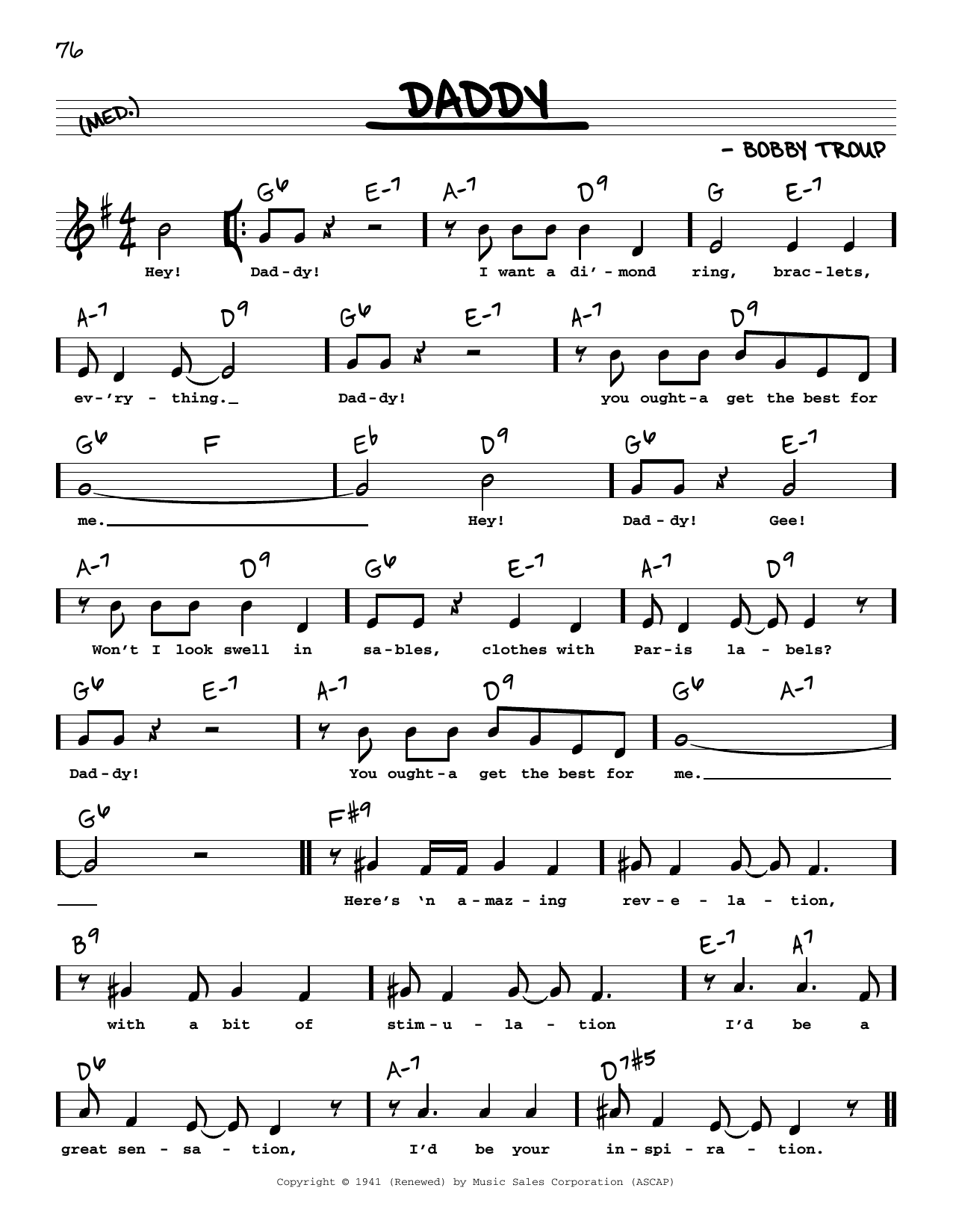 Bobby Troup Daddy (Low Voice) Sheet Music Notes & Chords for Real Book – Melody, Lyrics & Chords - Download or Print PDF