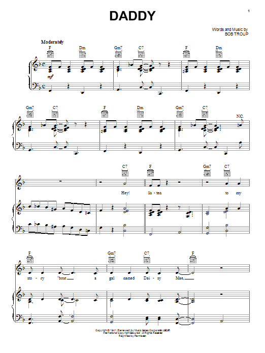 Bobby Troup Daddy Sheet Music Notes & Chords for Melody Line, Lyrics & Chords - Download or Print PDF