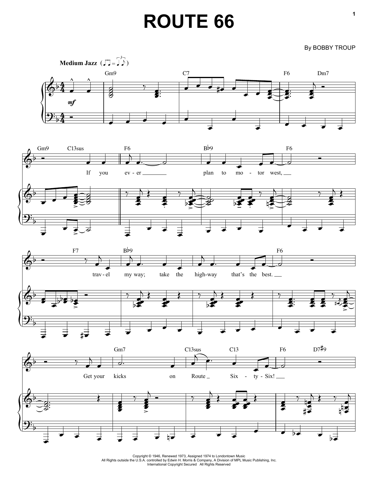 Bobby Troup Route 66 [Jazz version] (arr. Brent Edstrom) Sheet Music Notes & Chords for Piano & Vocal - Download or Print PDF