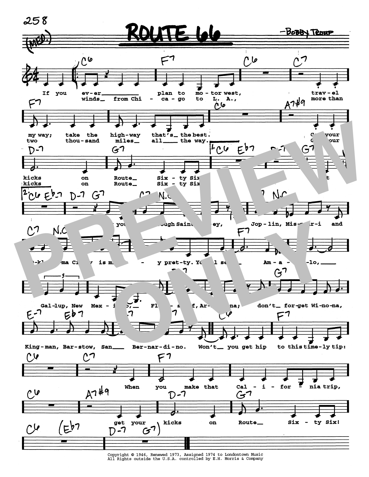 Bobby Troup Route 66 (Low Voice) Sheet Music Notes & Chords for Real Book – Melody, Lyrics & Chords - Download or Print PDF