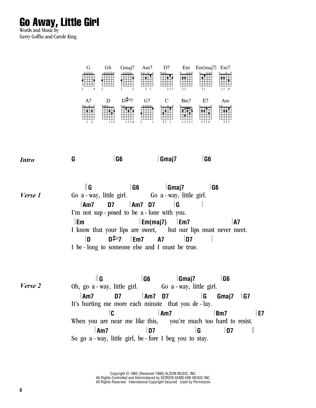 Carole King Go Away, Little Girl Sheet Music Notes & Chords for Lyrics & Chords - Download or Print PDF