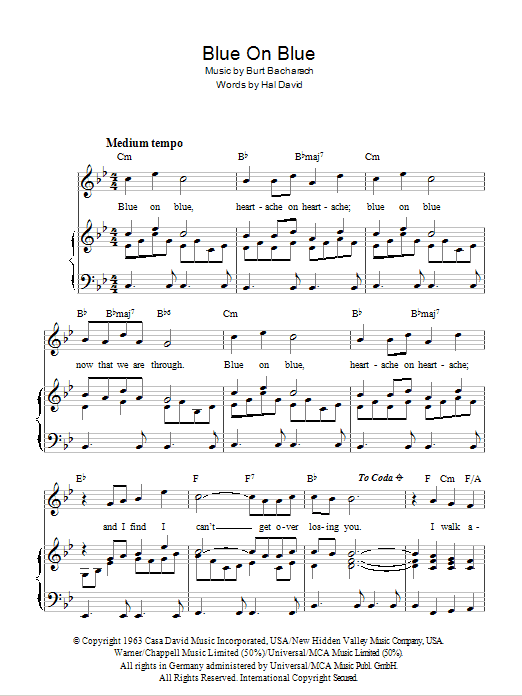Bobby Vinton Blue On Blue Sheet Music Notes & Chords for Melody Line, Lyrics & Chords - Download or Print PDF