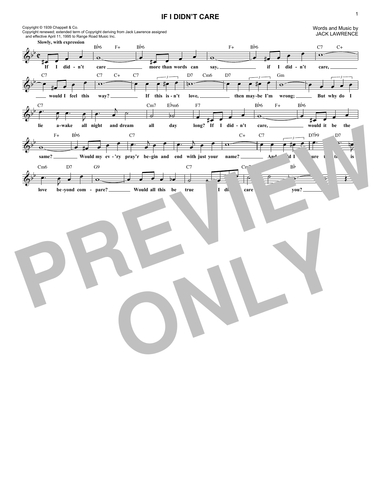 Bobby Vinton If I Didn't Care Sheet Music Notes & Chords for Lead Sheet / Fake Book - Download or Print PDF