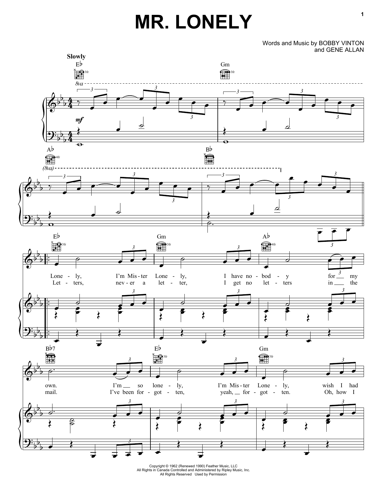 Bobby Vinton Mr. Lonely Sheet Music Notes & Chords for Piano, Vocal & Guitar (Right-Hand Melody) - Download or Print PDF