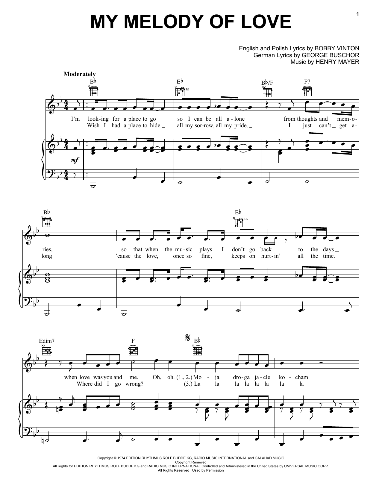 Bobby Vinton My Melody Of Love Sheet Music Notes & Chords for Melody Line, Lyrics & Chords - Download or Print PDF