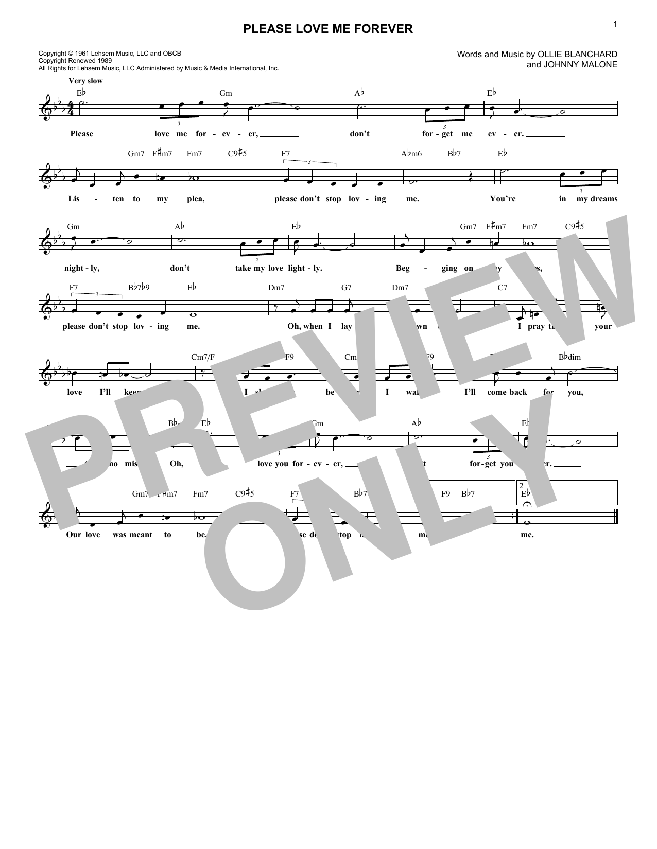 Bobby Vinton Please Love Me Forever Sheet Music Notes & Chords for Melody Line, Lyrics & Chords - Download or Print PDF