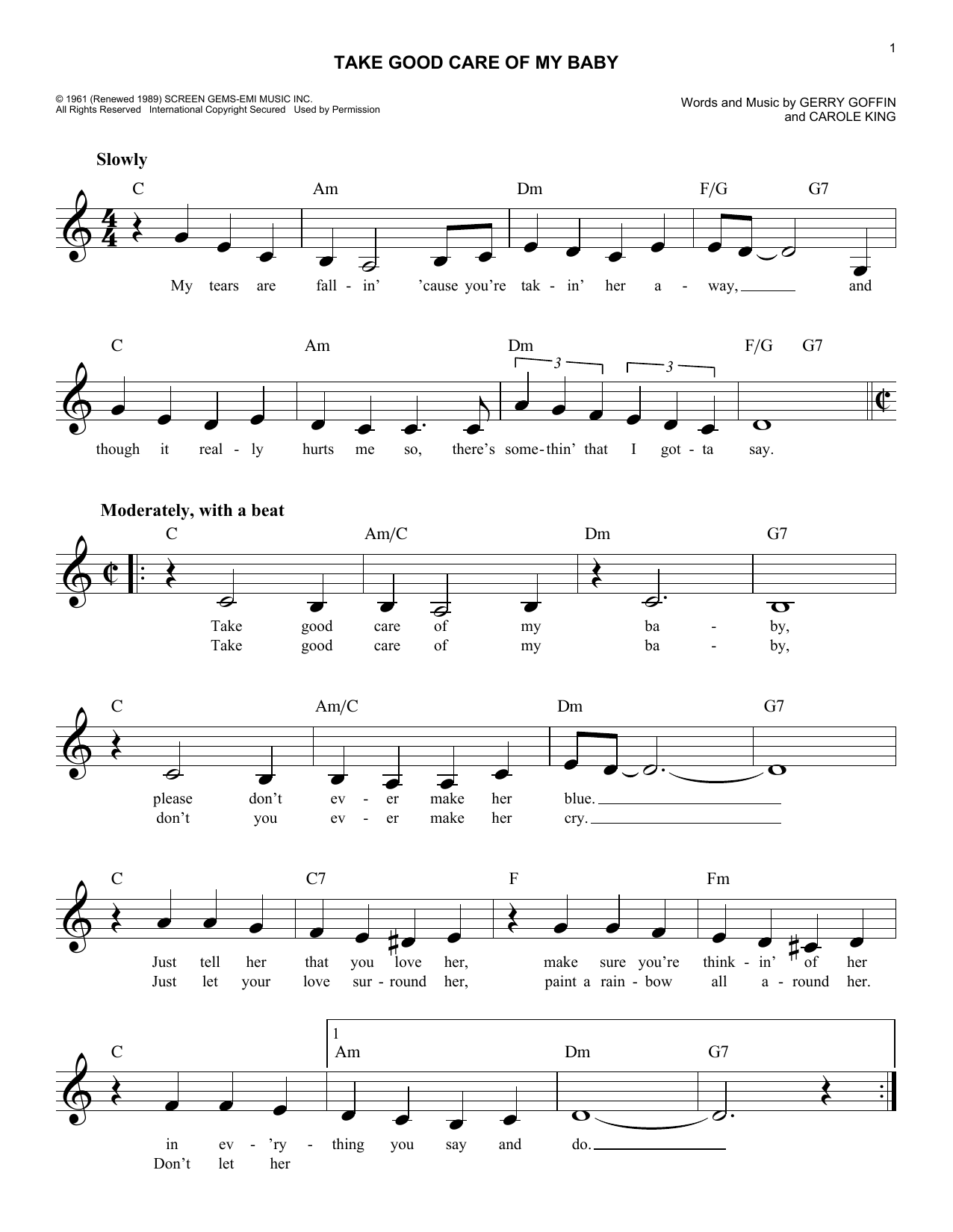 Bobby Vinton Take Good Care Of My Baby Sheet Music Notes & Chords for Melody Line, Lyrics & Chords - Download or Print PDF