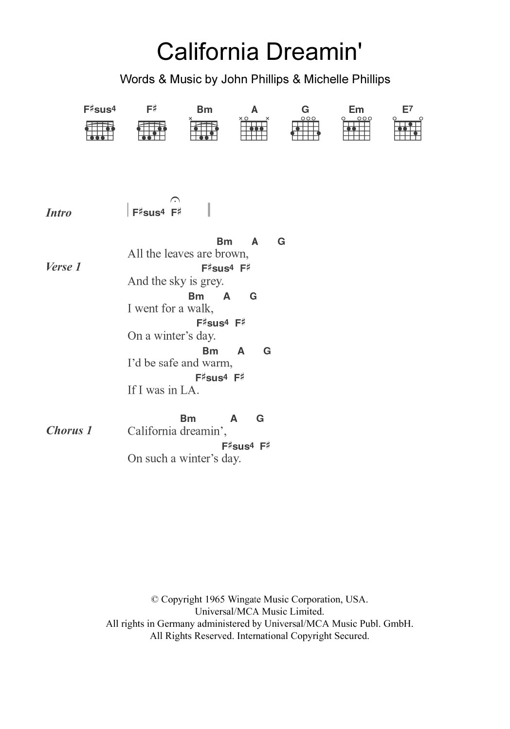 Bobby Womack California Dreamin' Sheet Music Notes & Chords for Lyrics & Chords - Download or Print PDF