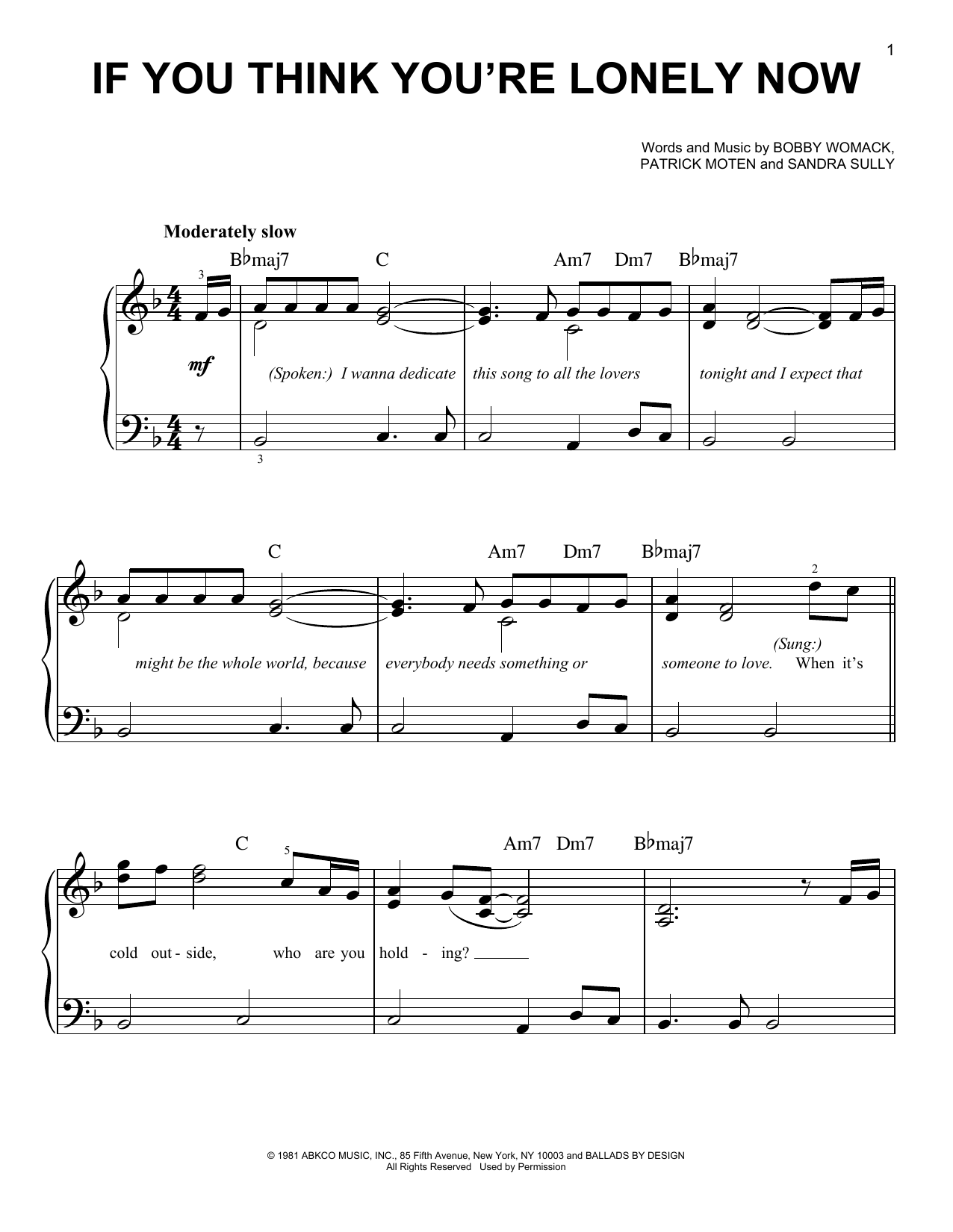 Bobby Womack If You Think You're Lonely Now Sheet Music Notes & Chords for Easy Piano - Download or Print PDF
