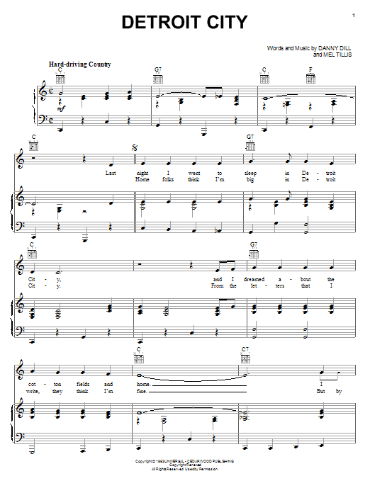 Preview Bobby Bare Detroit City Pop sheet music, notes and chords for Piano, Vocal & Guitar (Right-Hand Melody), SKU: 53761 Detroit City sheet music
