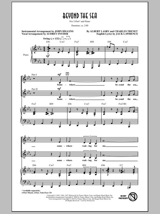 Preview Bobby Darin Beyond The Sea (arr. Audrey Snyder) Jazz sheet music, notes and chords for 2-Part Choir, SKU: 290056 Beyond The Sea (arr. Audrey Snyder) sheet music