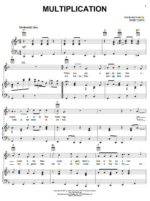 Preview Bobby Darin Multiplication Pop sheet music, notes and chords for Piano, Vocal & Guitar (Right-Hand Melody), SKU: 53700 Multiplication sheet music