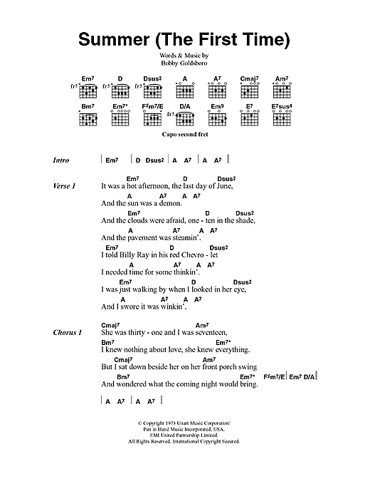 Bobby Goldsboro Summer (The First Time) Sheet Music Notes & Chords for Lyrics & Chords - Download or Print PDF