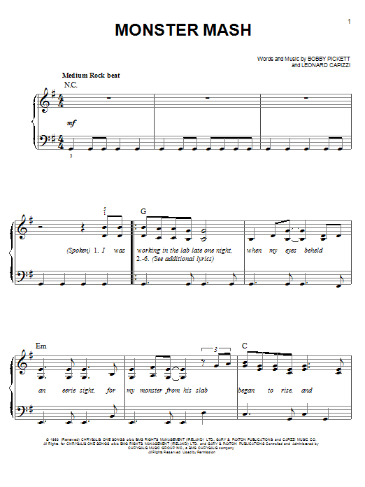Preview Bobby 'Boris' Pickett Monster Mash Children sheet music, notes and chords for Piano, Vocal & Guitar, SKU: 37050 Monster Mash sheet music