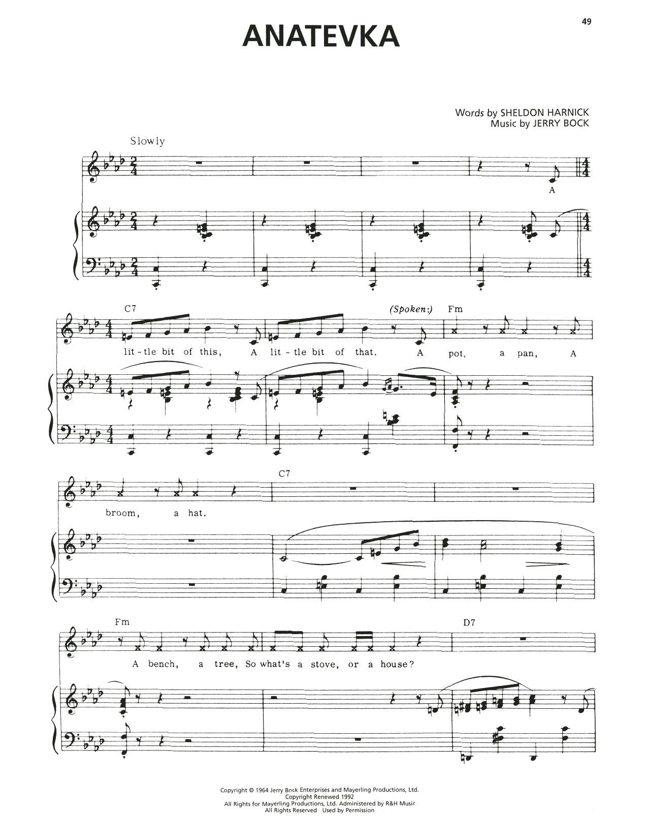 Bock & Harnick Anatevka (from Fiddler On The Roof) Sheet Music Notes & Chords for Piano & Vocal - Download or Print PDF