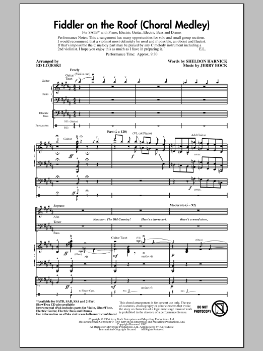 Bock & Harnick Fiddler On The Roof (Choral Medley) (arr. Ed Lojeski) Sheet Music Notes & Chords for SATB - Download or Print PDF