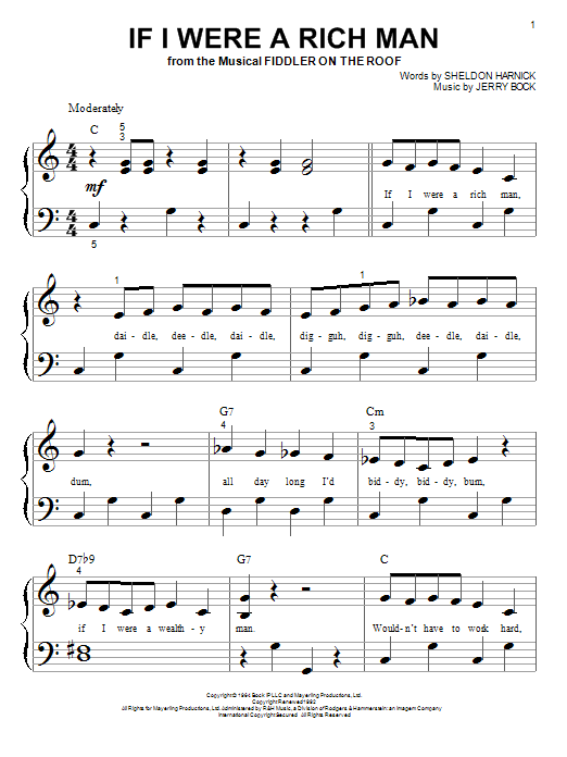 Bock & Harnick If I Were A Rich Man Sheet Music Notes & Chords for Big Note Piano - Download or Print PDF