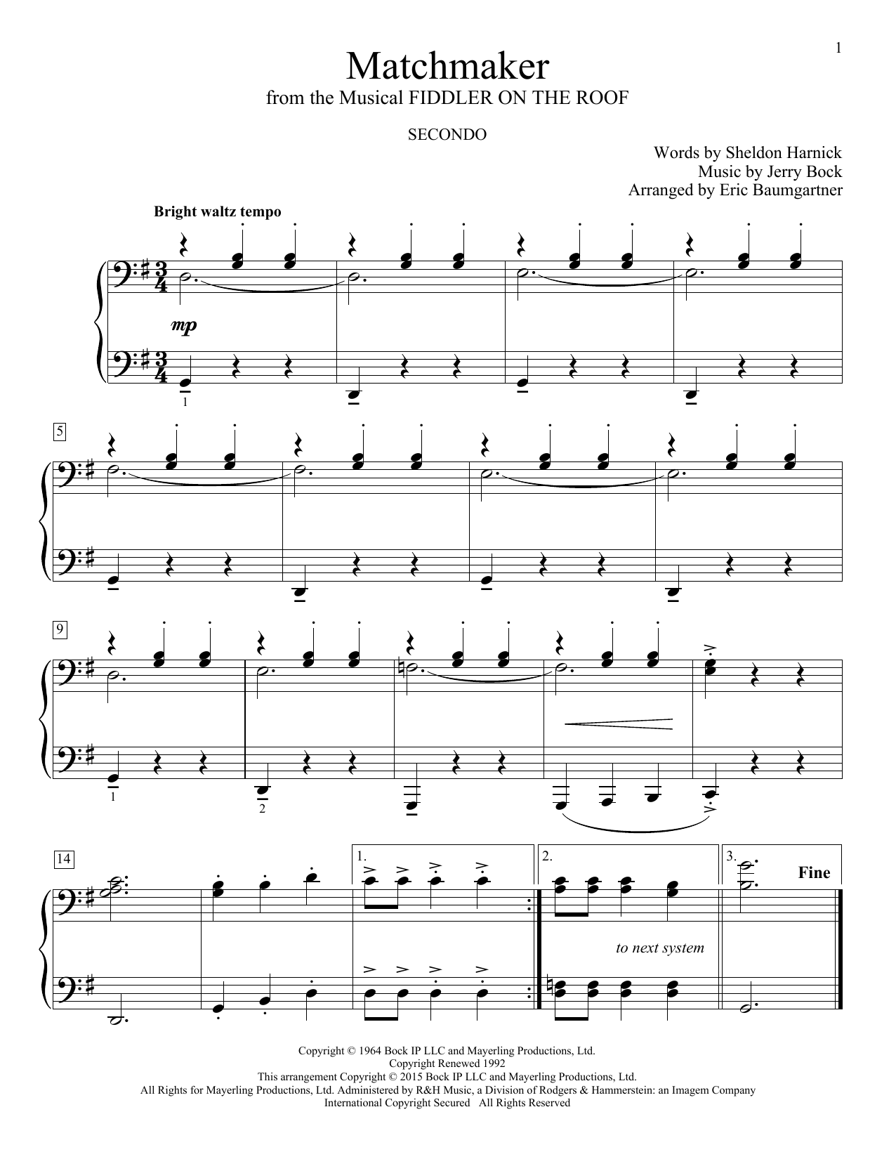 Bock & Harnick Matchmaker (from Fiddler On The Roof) (arr. Eric Baumgartner) Sheet Music Notes & Chords for Piano Duet - Download or Print PDF