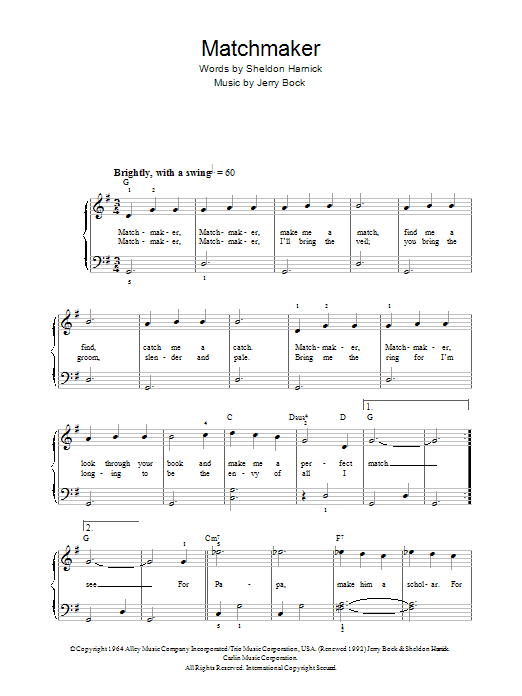 Bock & Harnick Matchmaker (from Fiddler On The Roof) Sheet Music Notes & Chords for Piano & Vocal - Download or Print PDF