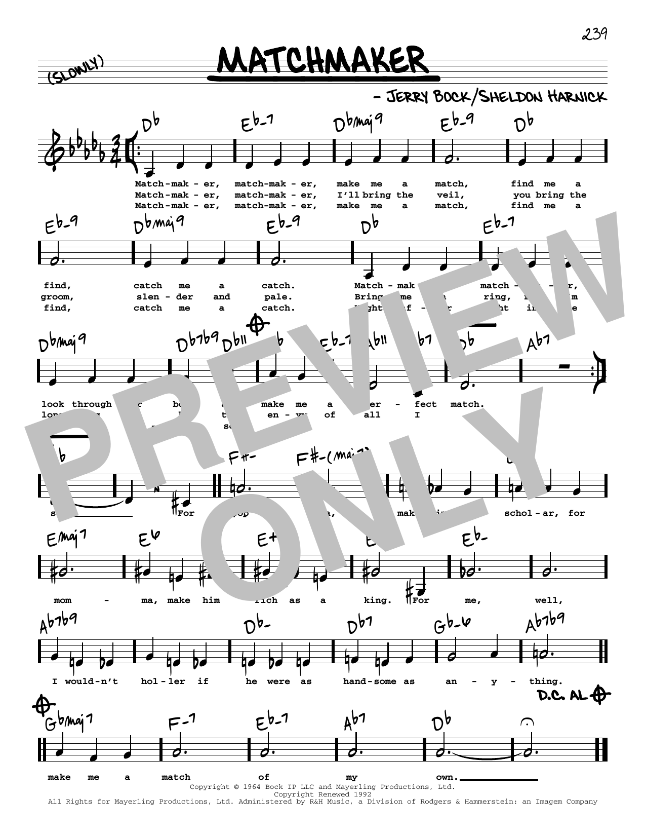 Bock & Harnick Matchmaker (Low Voice) (from Fiddler On The Roof) Sheet Music Notes & Chords for Real Book – Melody, Lyrics & Chords - Download or Print PDF