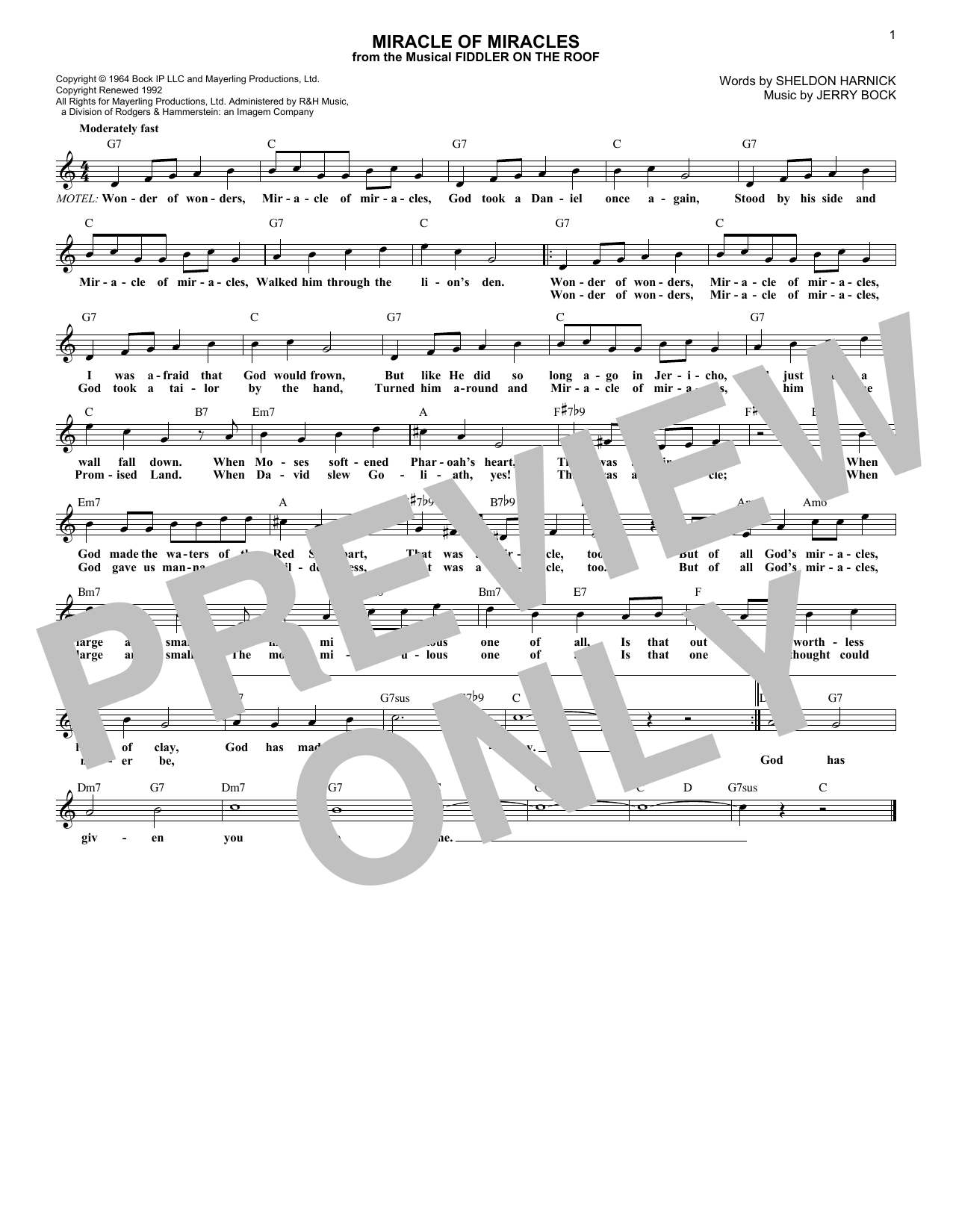 Bock & Harnick Miracle Of Miracles (from Fiddler On The Roof) Sheet Music Notes & Chords for Lead Sheet / Fake Book - Download or Print PDF
