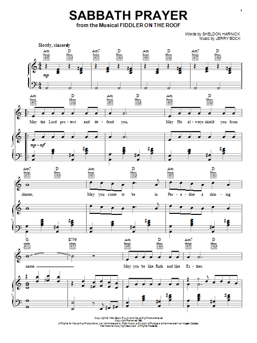 Bock & Harnick Sabbath Prayer Sheet Music Notes & Chords for Piano, Vocal & Guitar (Right-Hand Melody) - Download or Print PDF