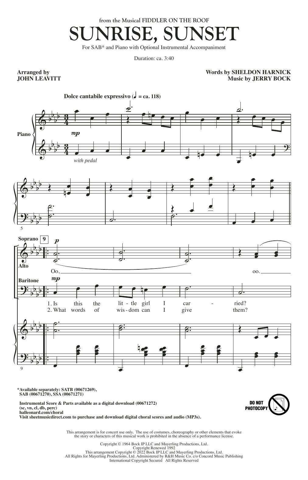 Bock & Harnick Sunrise, Sunset (from Fiddler On The Roof) (arr. John Leavitt) Sheet Music Notes & Chords for SSA Choir - Download or Print PDF