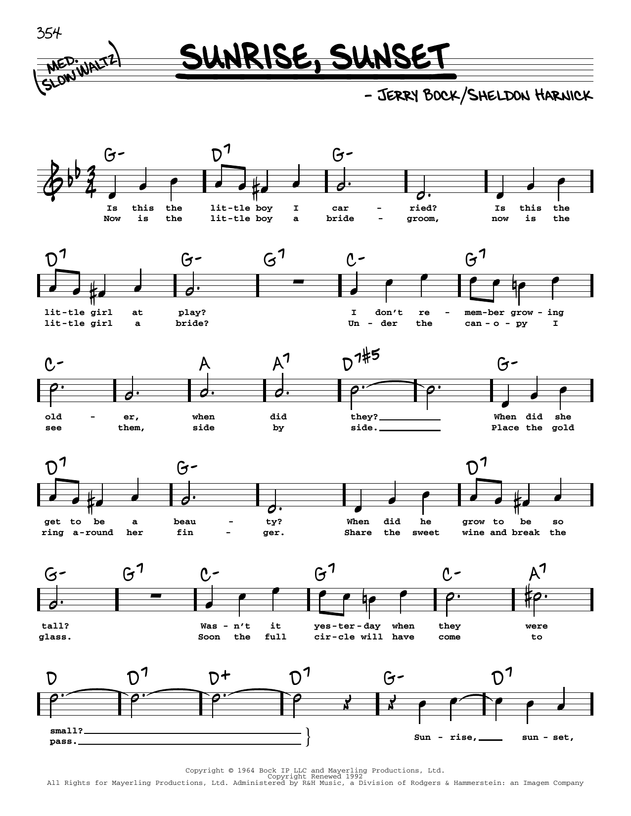 Bock & Harnick Sunrise, Sunset (from Fiddler On The Roof) (High Voice) Sheet Music Notes & Chords for Real Book – Melody, Lyrics & Chords - Download or Print PDF
