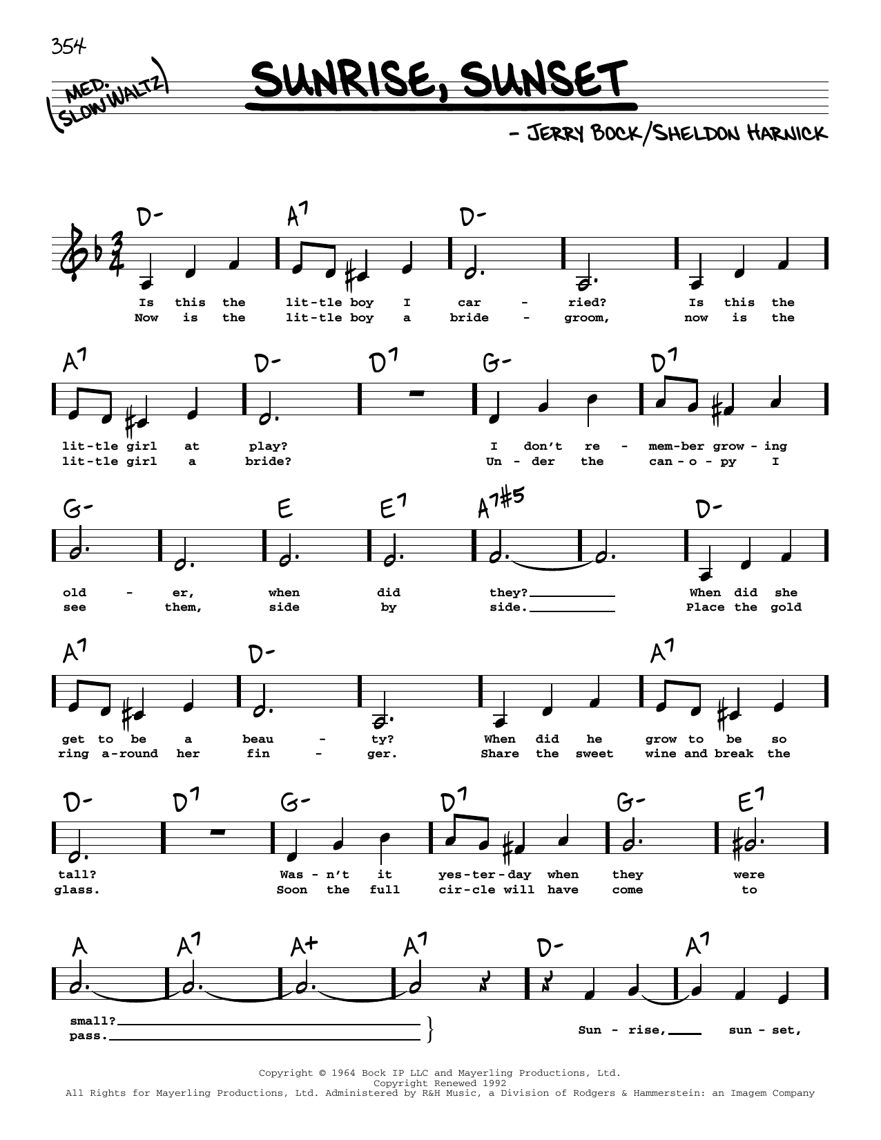 Bock & Harnick Sunrise, Sunset (from Fiddler On The Roof) (Low Voice) Sheet Music Notes & Chords for Real Book – Melody, Lyrics & Chords - Download or Print PDF