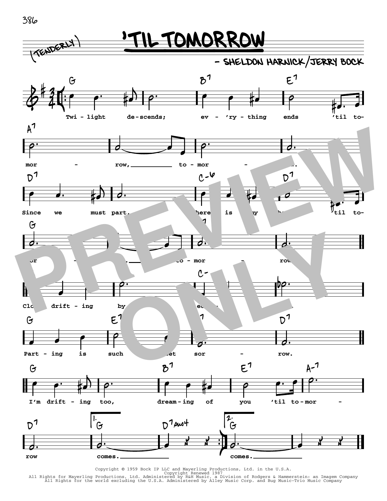 Bock & Harnick 'Til Tomorrow (High Voice) Sheet Music Notes & Chords for Real Book – Melody, Lyrics & Chords - Download or Print PDF