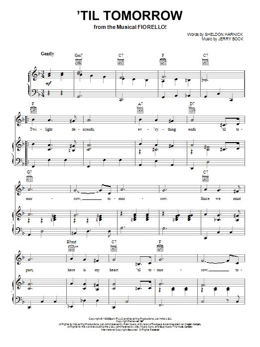 Bock & Harnick 'Til Tomorrow Sheet Music Notes & Chords for Piano, Vocal & Guitar (Right-Hand Melody) - Download or Print PDF