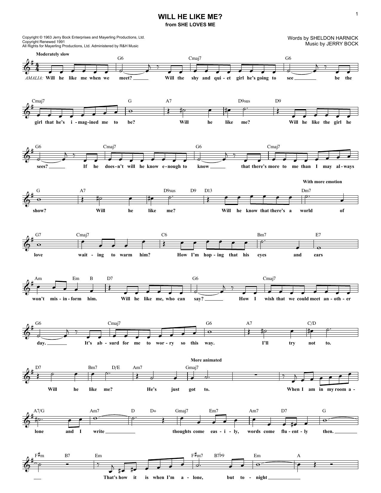 Bock & Harnick Will He Like Me? Sheet Music Notes & Chords for Melody Line, Lyrics & Chords - Download or Print PDF