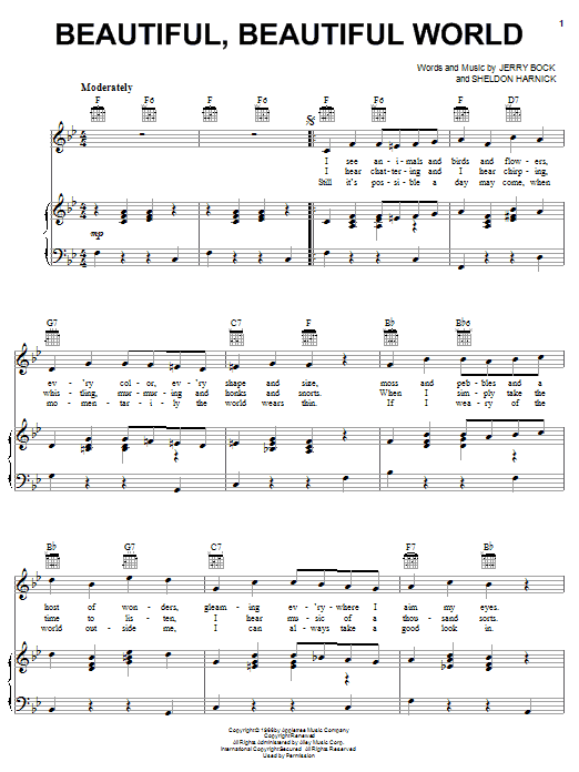 Preview Bock & Harnick Beautiful, Beautiful World (from The Apple Tree) Musical/Show sheet music, notes and chords for Piano, Vocal & Guitar (Right-Hand Melody), SKU: 57099 Beautiful, Beautiful World (from The Apple Tree) sheet music