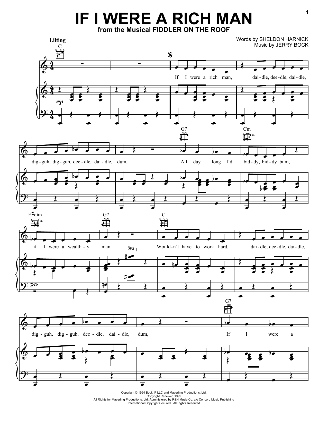 Bock Harnick If I Were A Rich Man From Fiddler On The Roof Sheet Music Download Pdf Score 101582