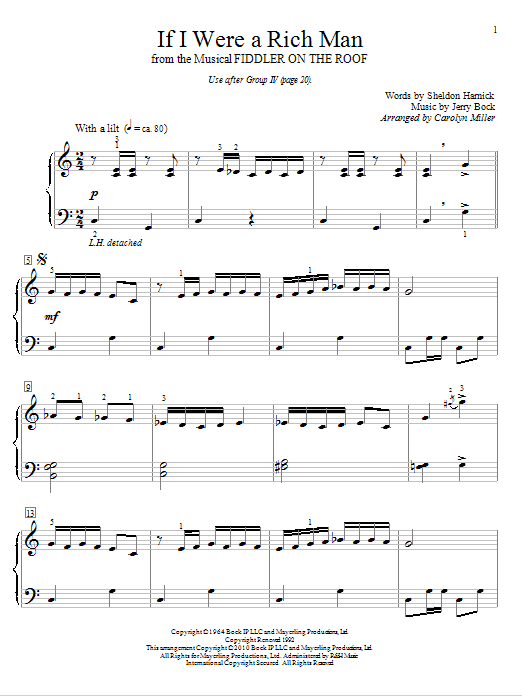 Preview Bock & Harnick If I Were A Rich Man (from Fiddler On The Roof) (arr. Carolyn Miller) Musicals sheet music, notes and chords for Educational Piano, SKU: 76631 If I Were A Rich Man (from Fiddler On The Roof) (arr. Carolyn Miller) sheet music