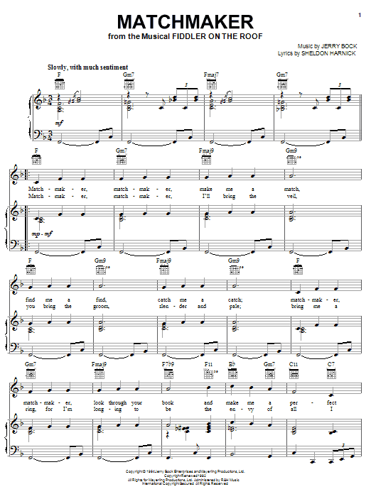 Preview Bock & Harnick Matchmaker (from Fiddler On The Roof) Film/TV sheet music, notes and chords for Piano, Vocal & Guitar (Right-Hand Melody), SKU: 71023 Matchmaker (from Fiddler On The Roof) sheet music