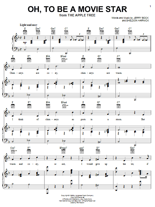 Preview Bock & Harnick Oh, To Be A Movie Star (from The Apple Tree) Musical/Show sheet music, notes and chords for Piano, Vocal & Guitar (Right-Hand Melody), SKU: 57092 Oh, To Be A Movie Star (from The Apple Tree) sheet music