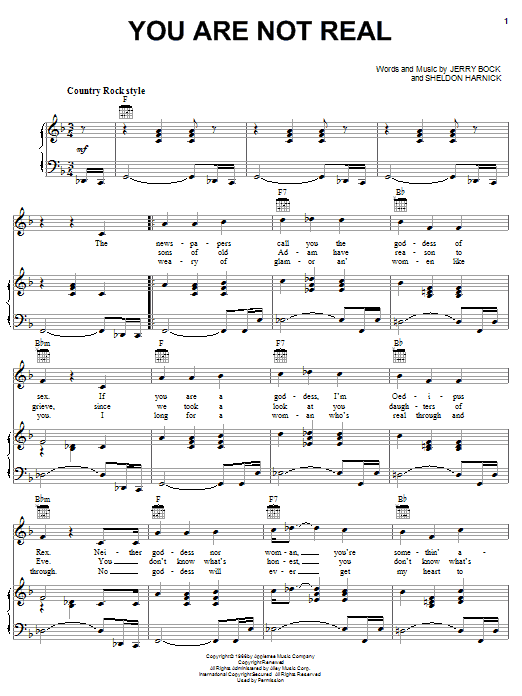Preview Bock & Harnick You Are Not Real Musical/Show sheet music, notes and chords for Piano, Vocal & Guitar (Right-Hand Melody), SKU: 57095 You Are Not Real sheet music