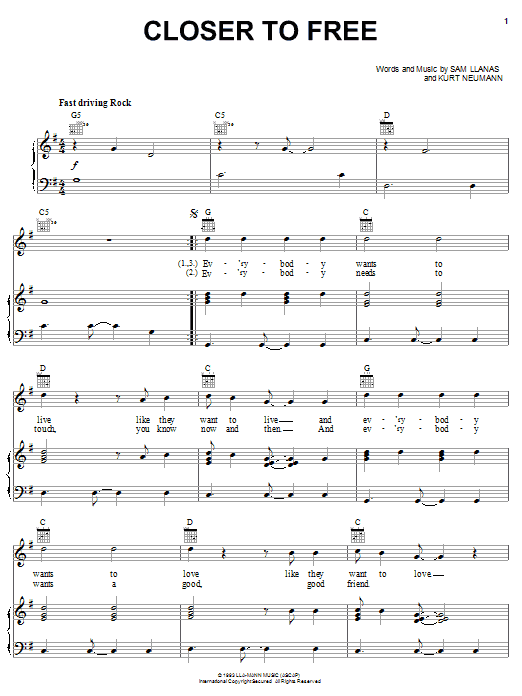 Preview BoDeans Closer To Free Pop sheet music, notes and chords for Melody Line, Lyrics & Chords, SKU: 191489 Closer To Free sheet music