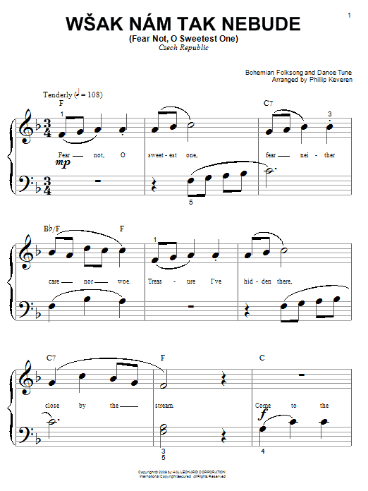 Bohemian Folksong & Dance Tune Wsak Nam Tak Nebude (Fear Not, O Sweetest One) Sheet Music Notes & Chords for Piano (Big Notes) - Download or Print PDF
