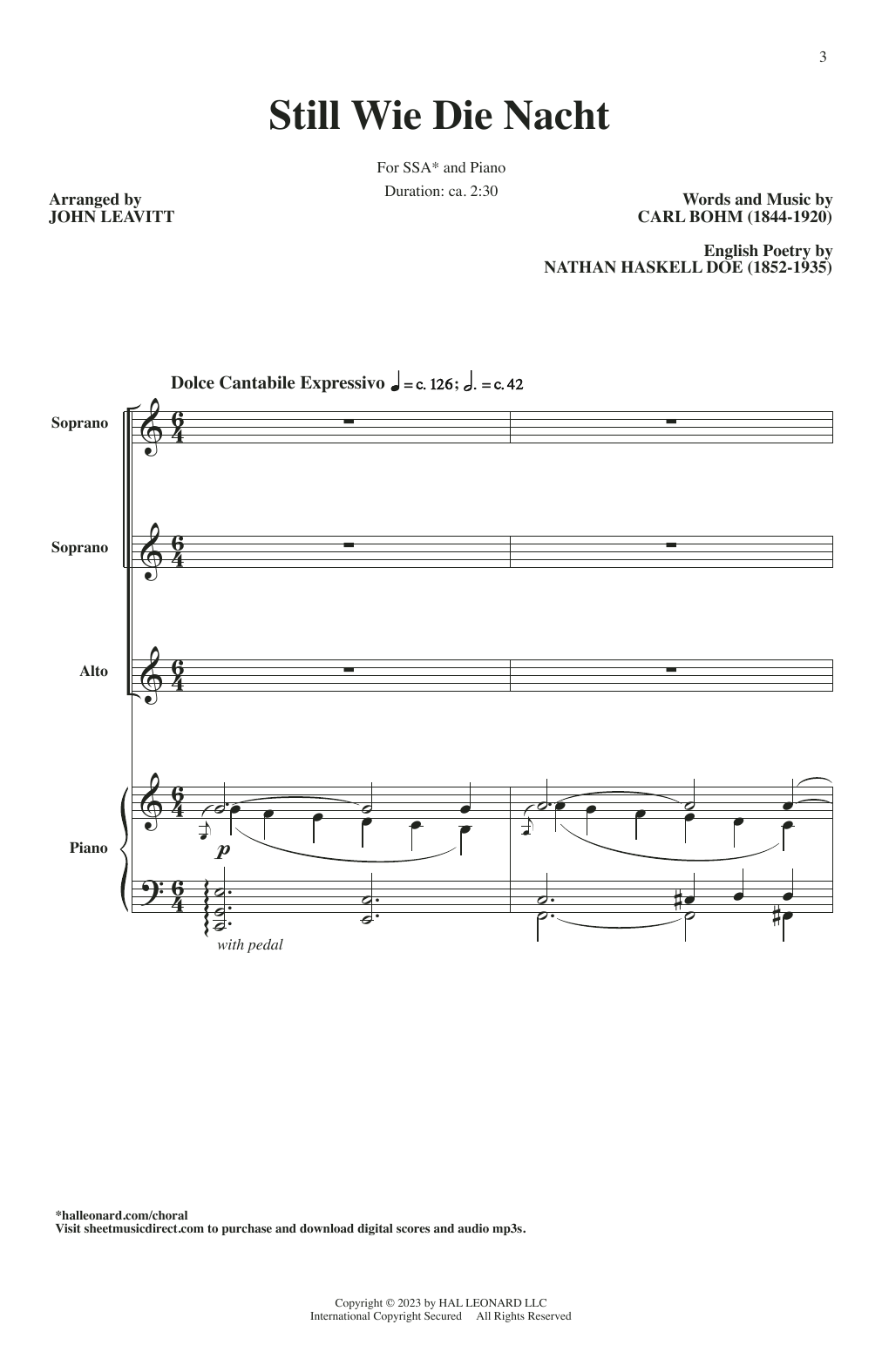 Bohm, Carl Still Wie Die Nacht (Calm As The Night) (arr. John Leavitt) Sheet Music Notes & Chords for SSA Choir - Download or Print PDF