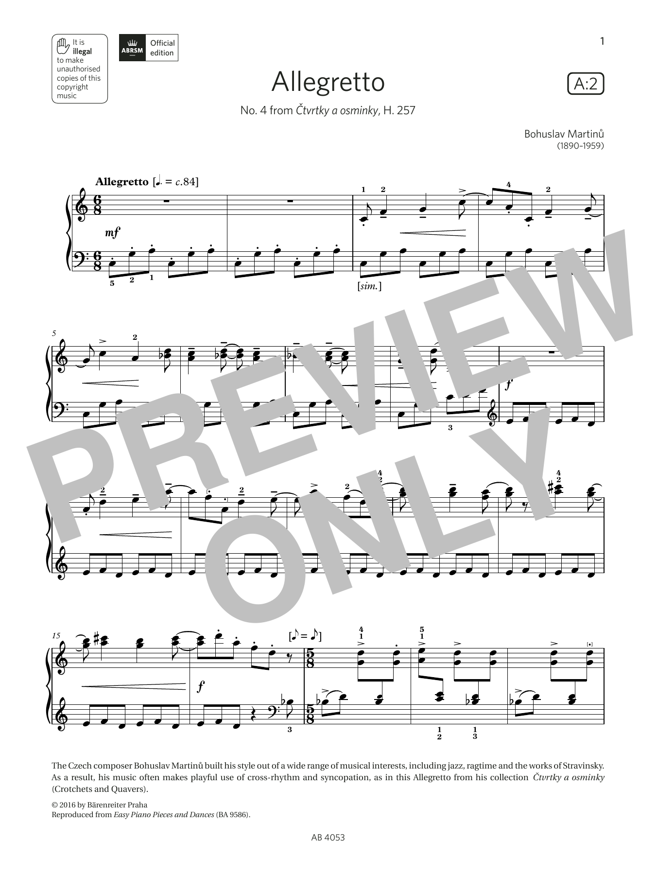 Bohuslav Martinu Allegretto (Grade 7, list A2, from the ABRSM Piano Syllabus 2023 & 2024) Sheet Music Notes & Chords for Piano Solo - Download or Print PDF