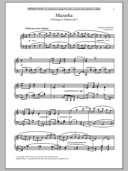 Bohuslav Martinu Mazurka, H284 (Homage To Paderewski) Sheet Music Notes & Chords for Piano - Download or Print PDF