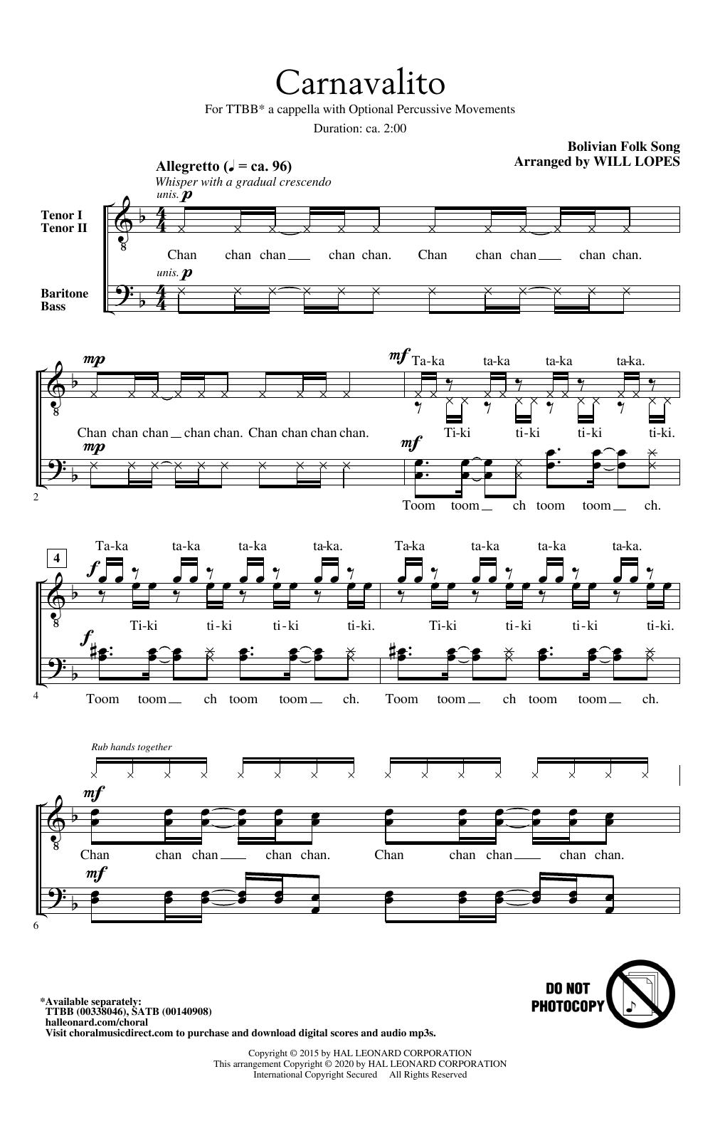 Bolivian Folk Song Carnavalito (arr. Will Lopes) Sheet Music Notes & Chords for TTBB Choir - Download or Print PDF